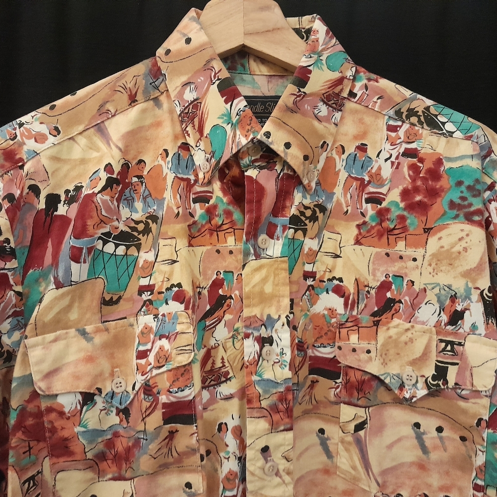 Vintage Panhandle Slim Shirt Men's Medium 15 15.5 America Indian Print. RARE